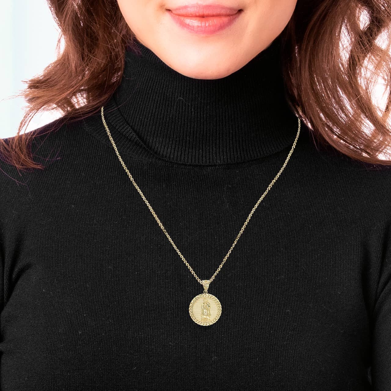 Gold Cuban Framed Guadalupe Pendant Necklace, view 5