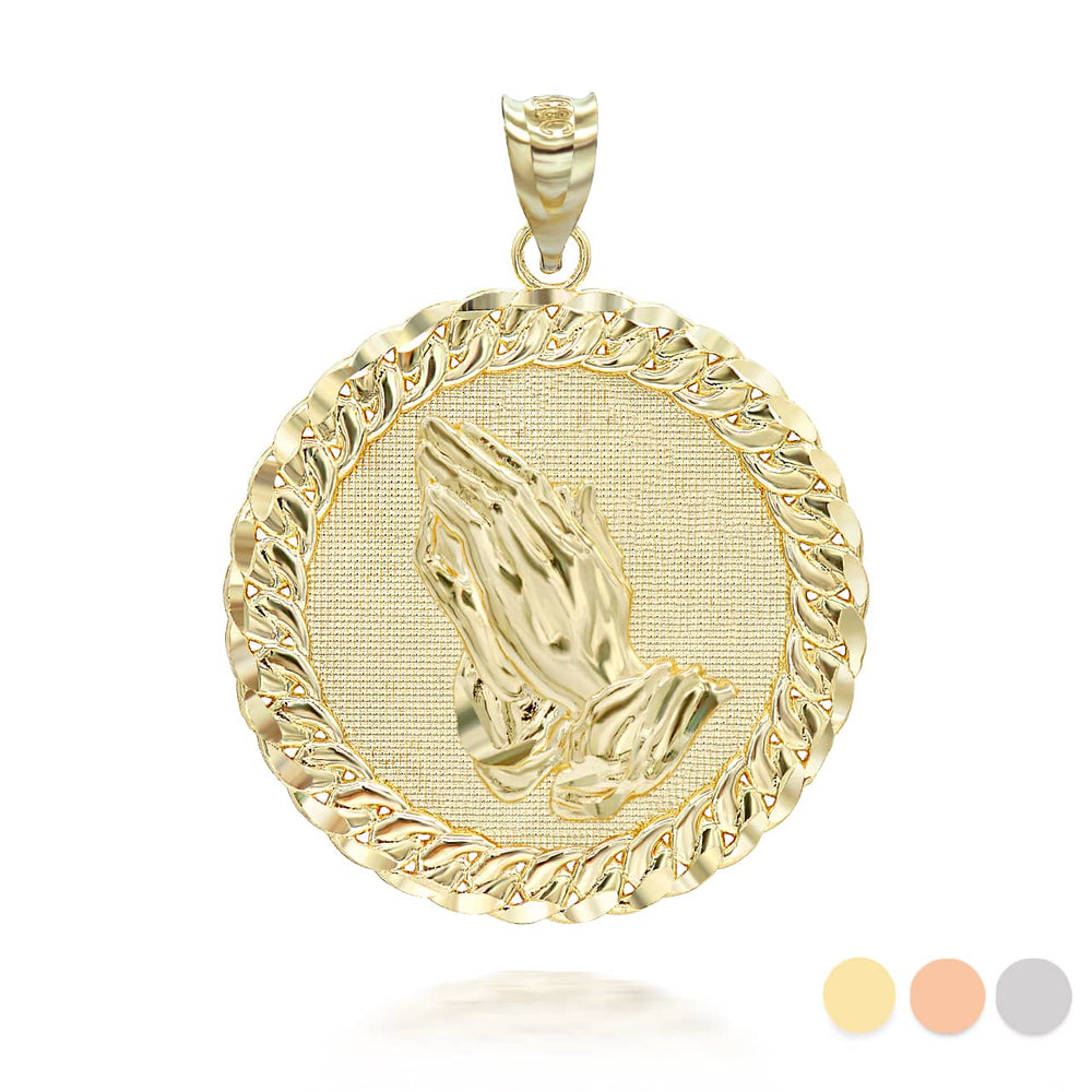 Gold Cuban Framed Praying Hands Medallion Circle Pendant Necklace