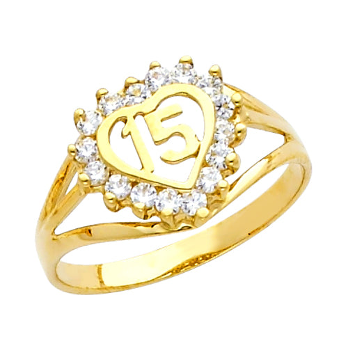 Gold Cubic Zirconia 15 Años Heart Halo Quinceañera Ring