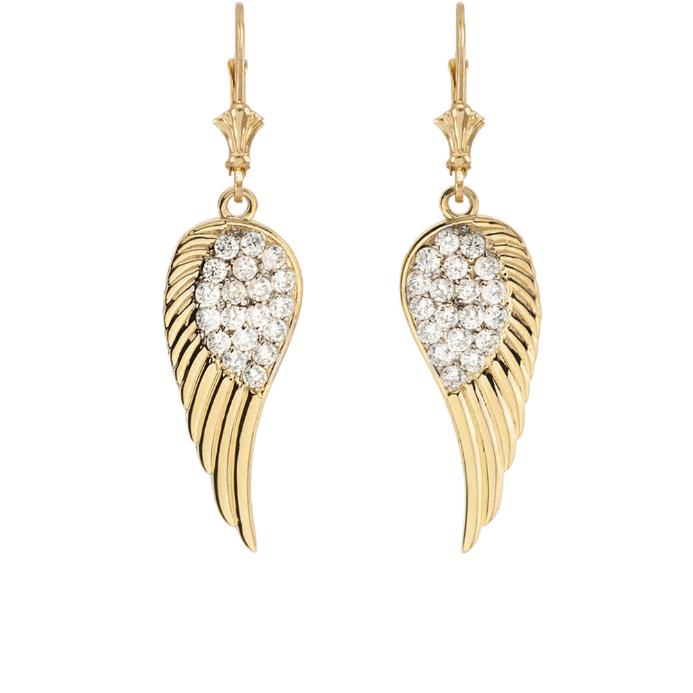 Gold Cubic Zirconia Angel Wings Leverback Earrings