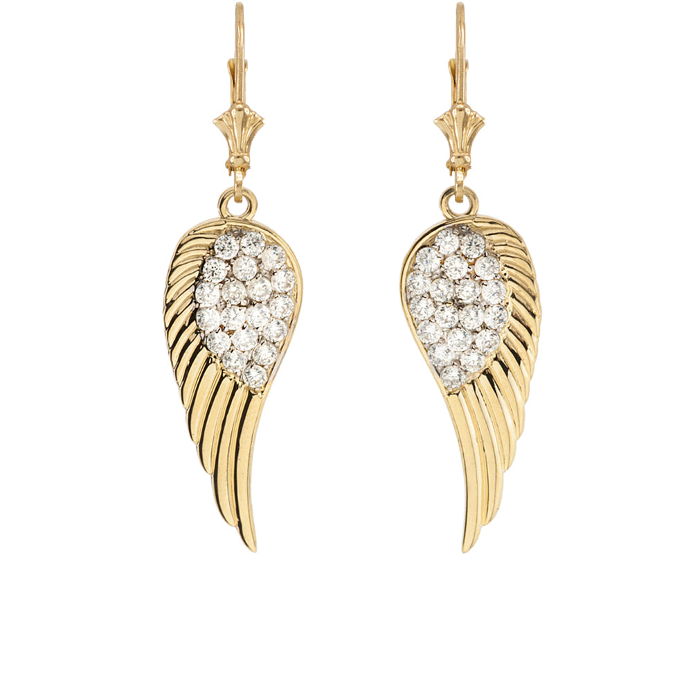 Gold Cubic Zirconia Angel Wings Leverback Earrings