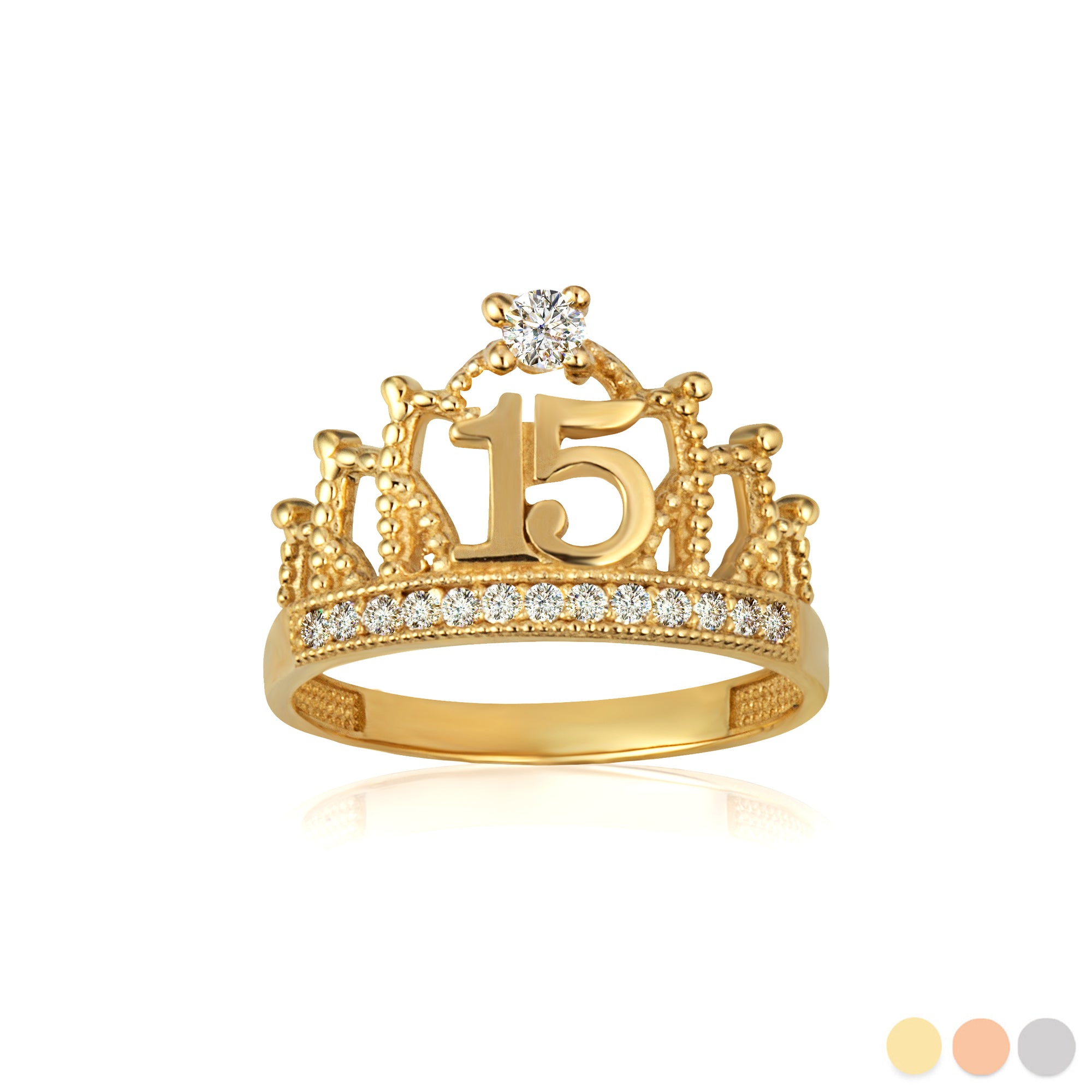 Gold Cubic Zirconia Crown 15 Años Quinceañera Ring