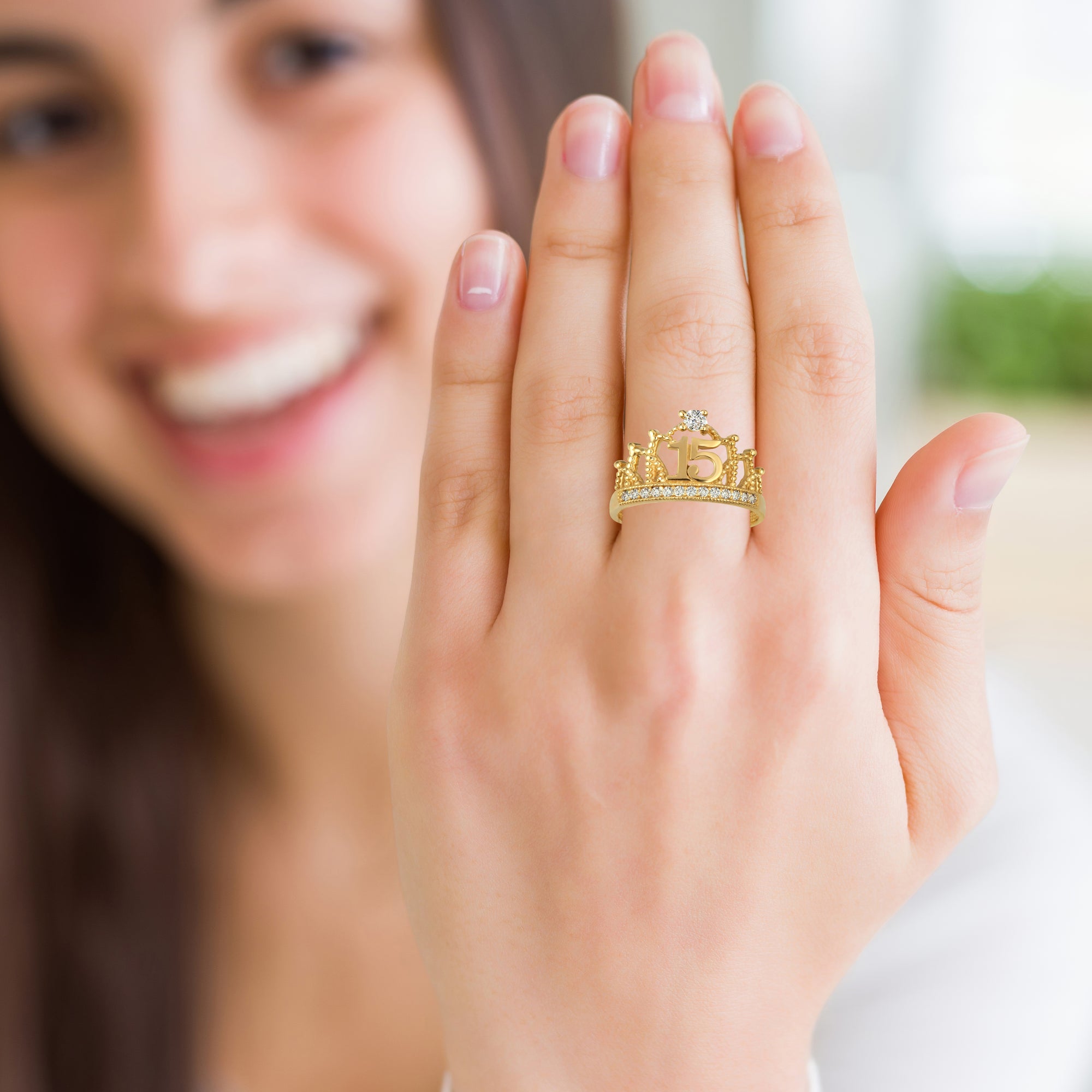 Gold Cubic Zirconia Crown 15 Años Quinceañera Ring, view 2