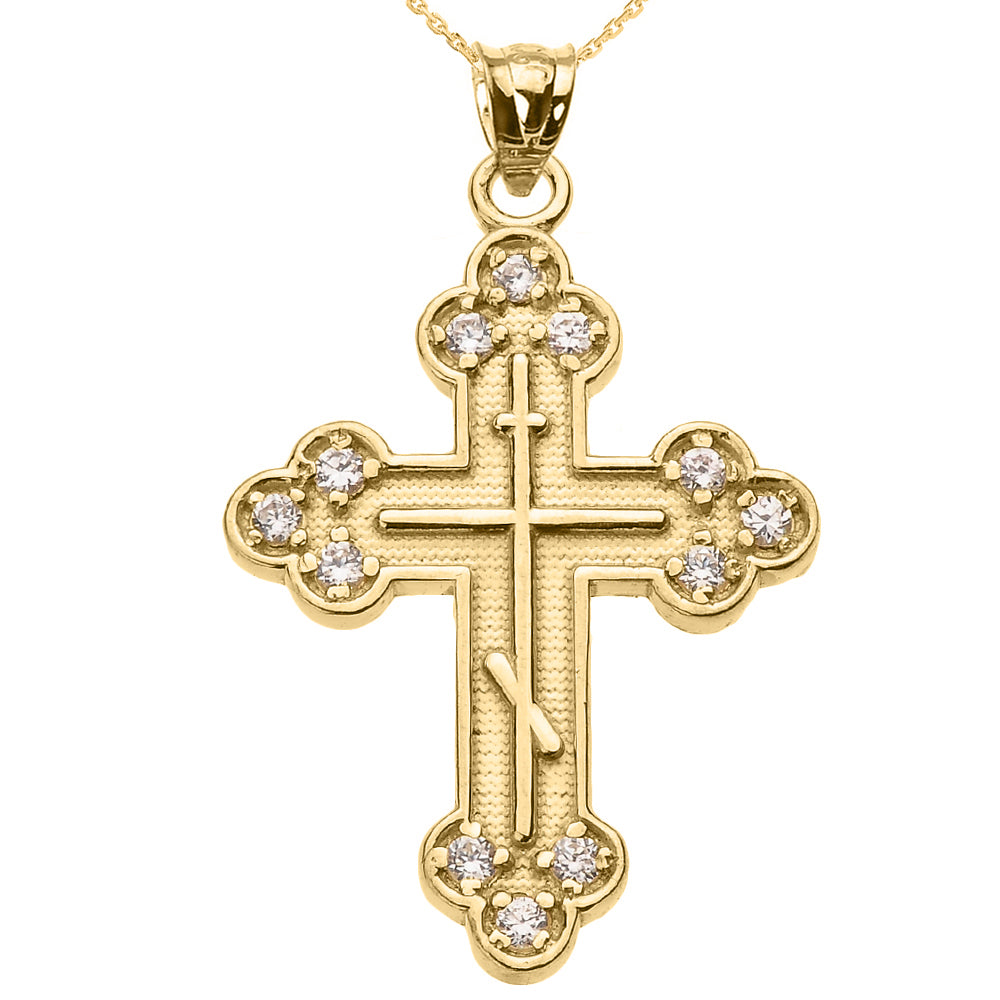 Gold Cubic Zirconia Eastern Orthodox Russian Cross Pendant Necklace