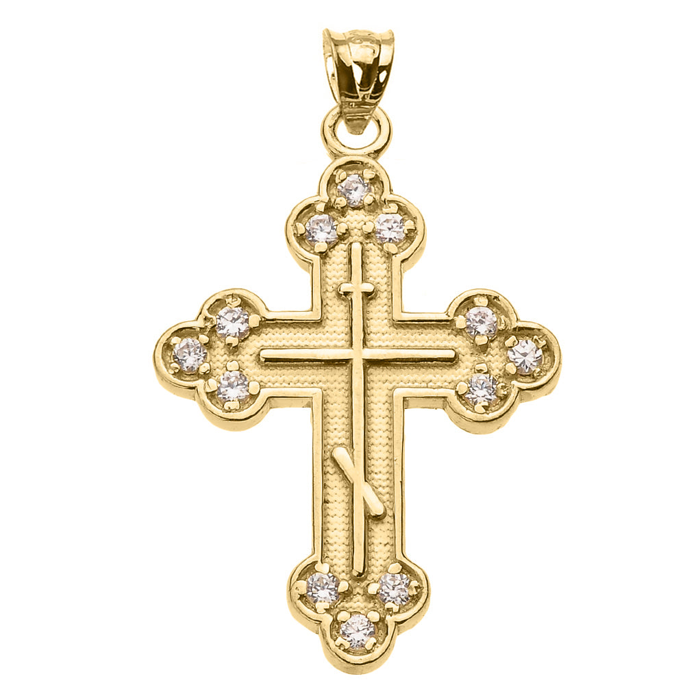 Gold Cubic Zirconia Eastern Orthodox Russian Cross Pendant Necklace, view 4