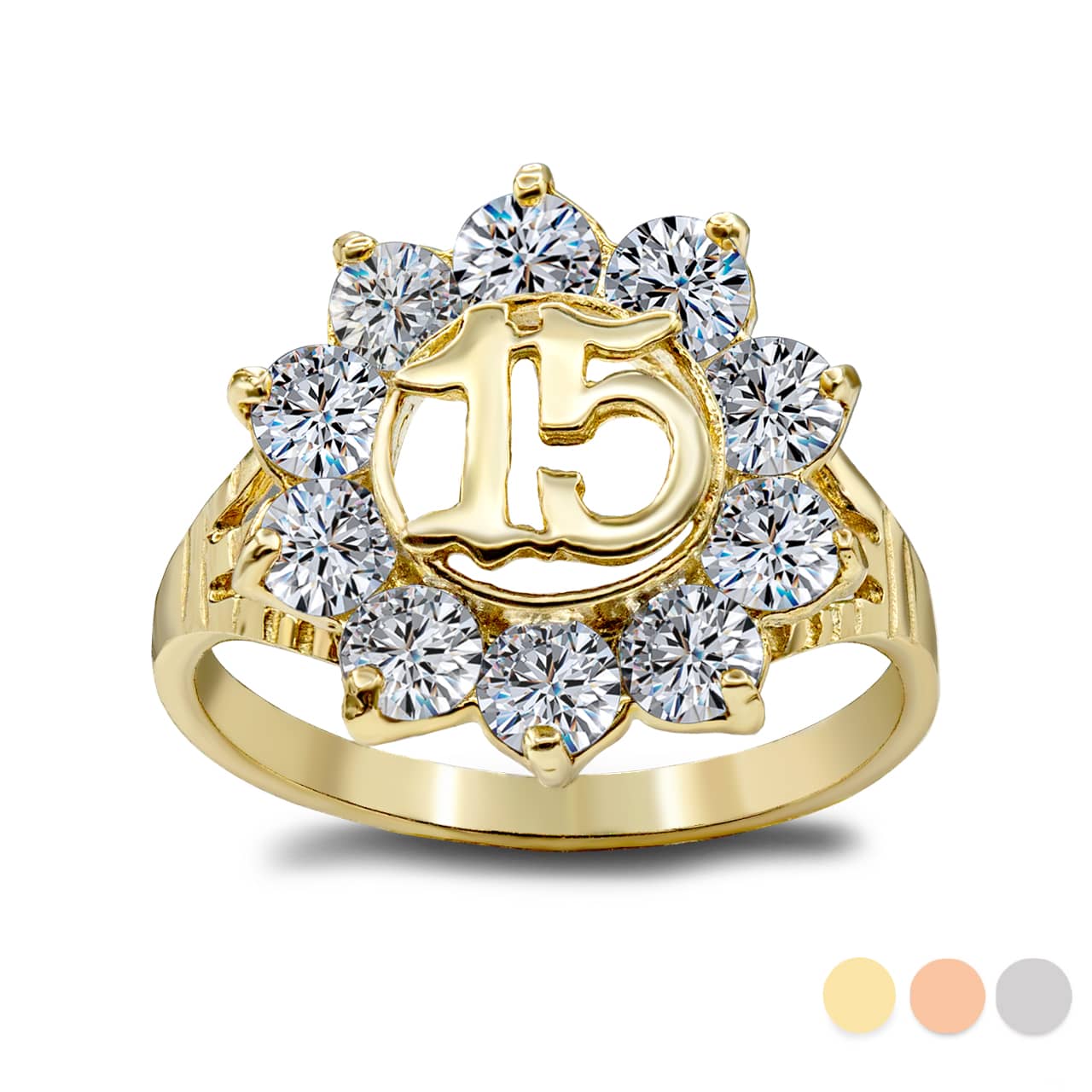 Gold Cubic Zirconia Flower 15 Años Quinceañera Ring (0.6")