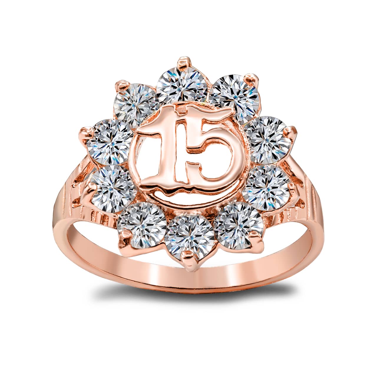 Gold Cubic Zirconia Flower 15 Años Quinceañera Ring (0.6"), view 2