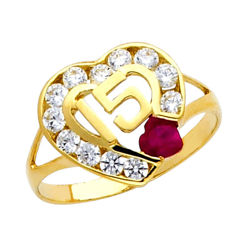 Gold Cubic Zirconia Halo Heart Cut Ruby Birthstone 15 Años Quinceañera Ring