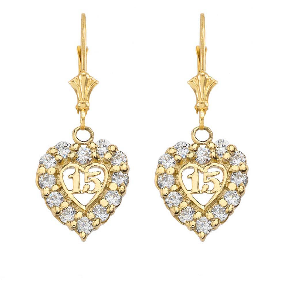 Gold Cubic Zirconia Heart 15 Años Quinceañera Leverback Earrings
