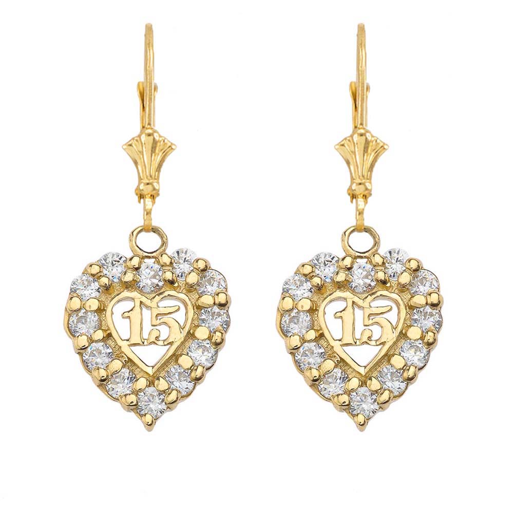 Gold Cubic Zirconia Heart 15 Años Quinceañera Leverback Earrings