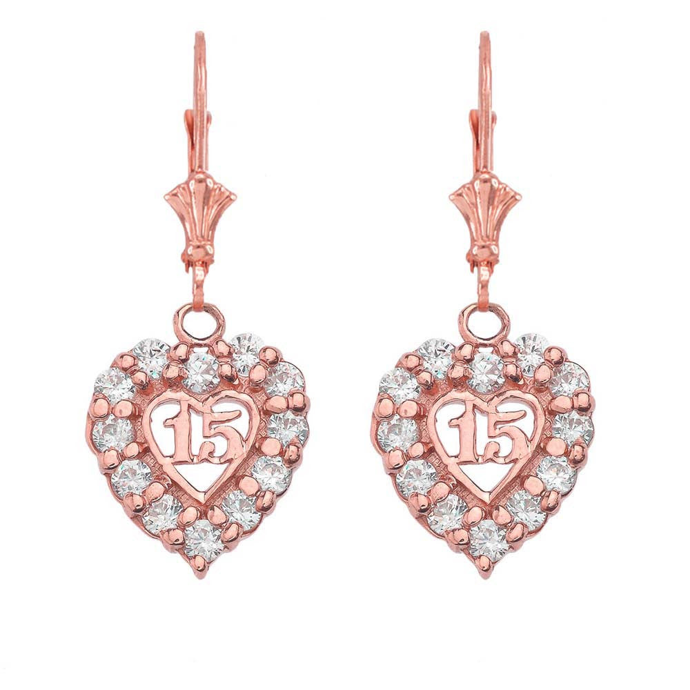 Gold Cubic Zirconia Heart 15 Años Quinceañera Leverback Earrings, view 2