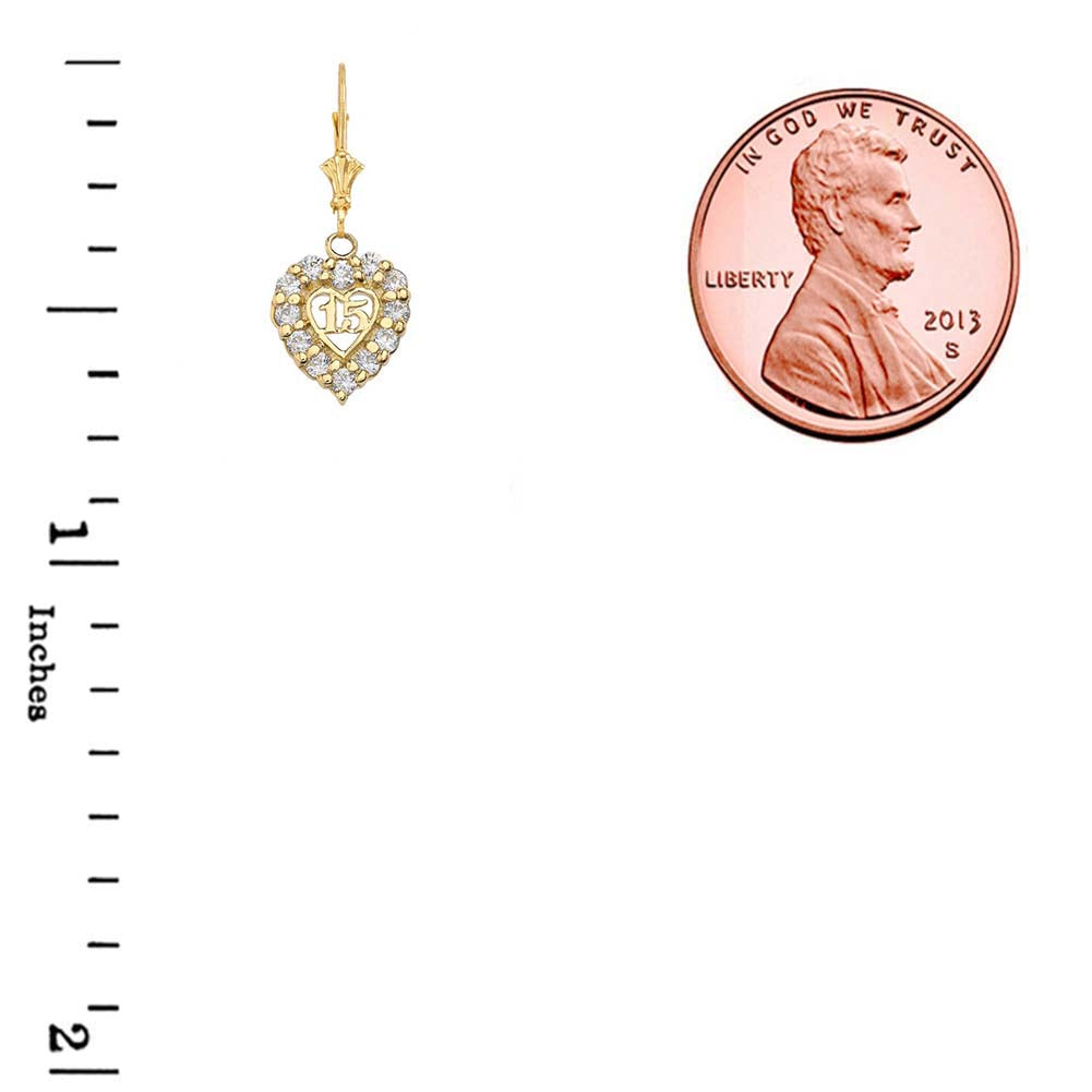 Gold Cubic Zirconia Heart 15 Años Quinceañera Leverback Earrings, view 4