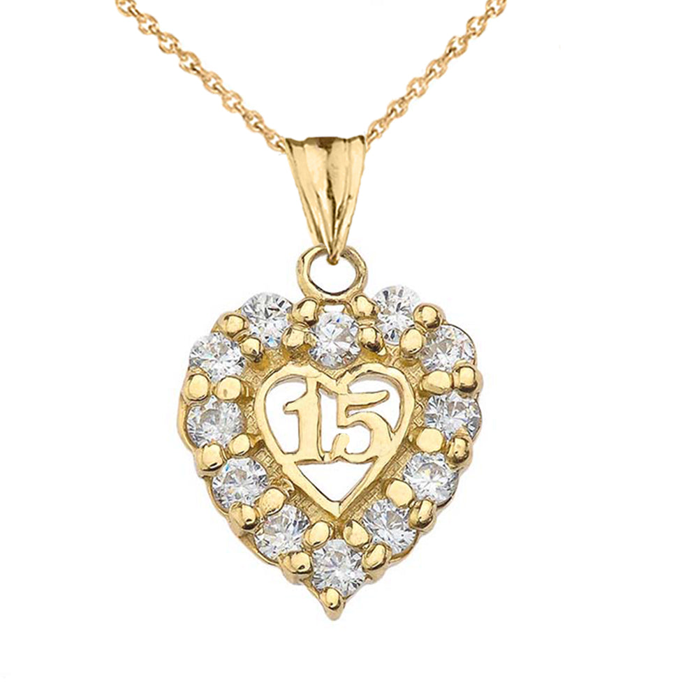 Gold Cubic Zirconia Heart 15 Años Quinceañera Pendant Necklace