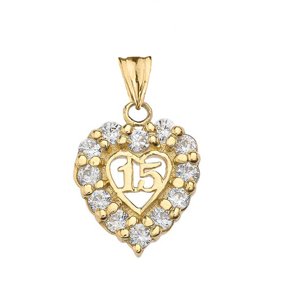 Gold Cubic Zirconia Heart 15 Años Quinceañera Pendant Necklace, view 2