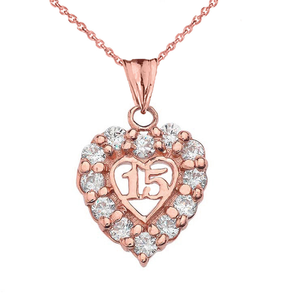 Gold Cubic Zirconia Heart 15 Años Quinceañera Pendant Necklace, view 4