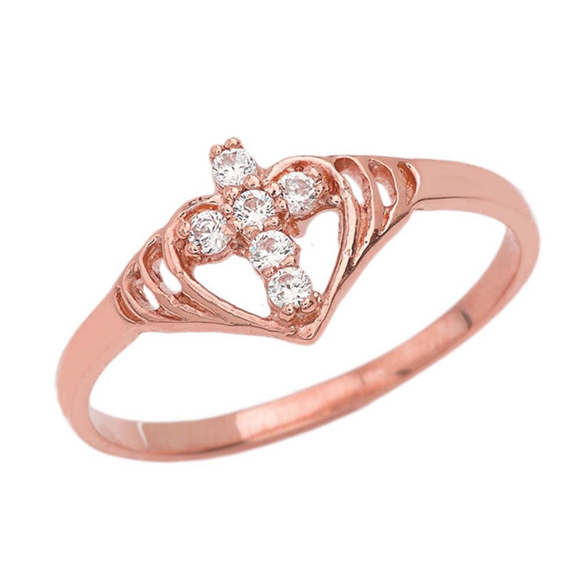 Gold Cubic Zirconia Heart Cross Ring, view 3