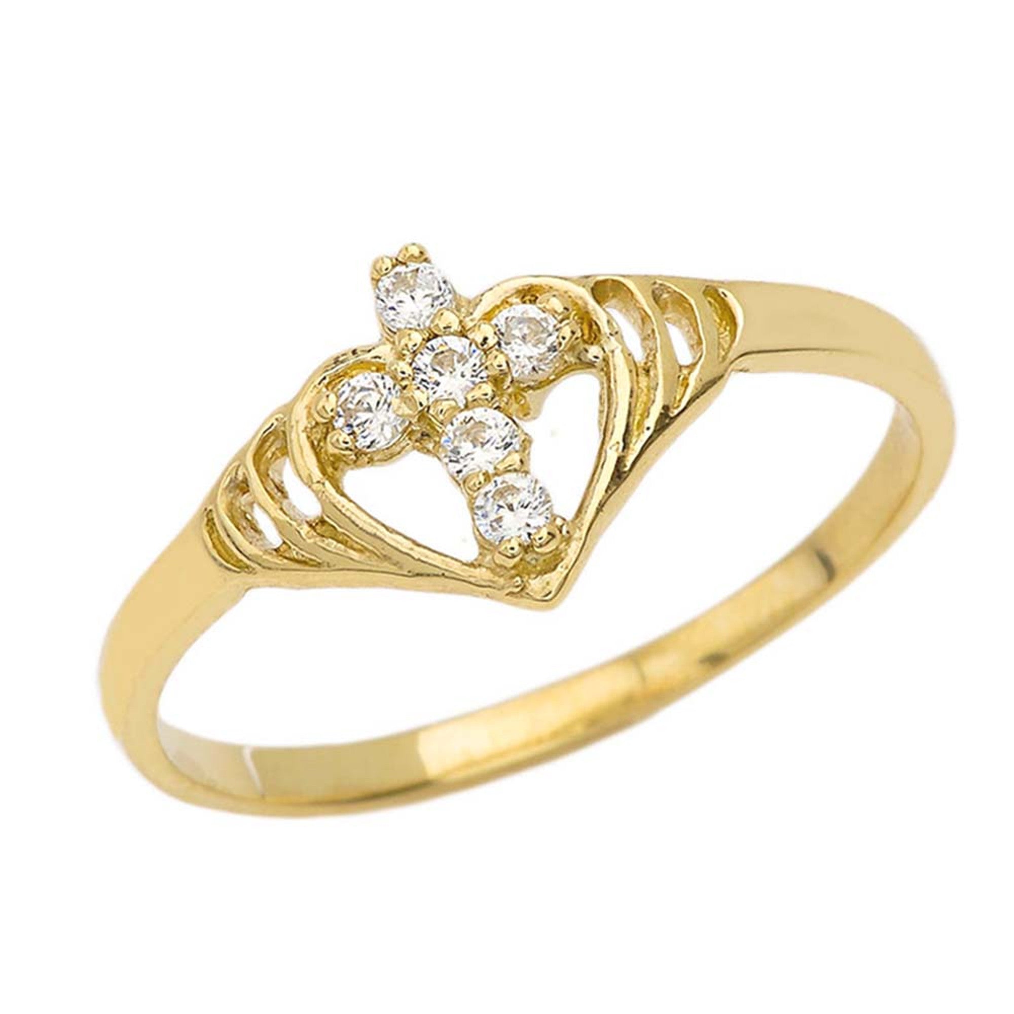 Gold Cubic Zirconia Heart Cross Ring, view 4