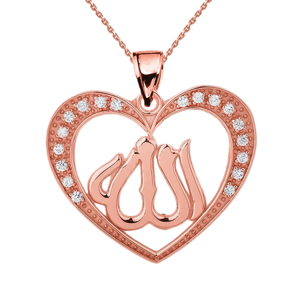 Gold Cubic Zirconia Heart with Allah Pendant Necklace, view 4