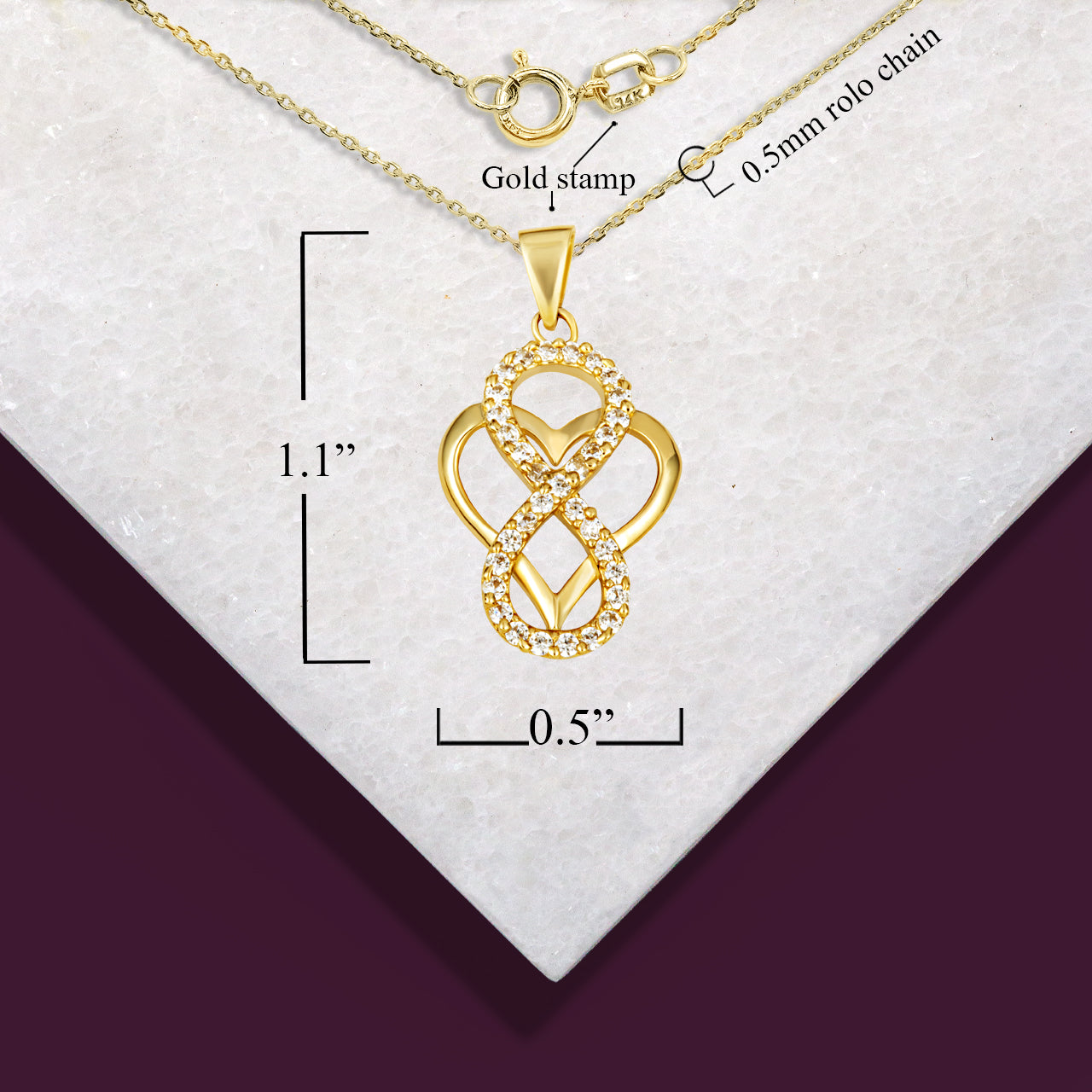 Gold Cubic Zirconia Infinity Heart Pendant Necklace, view 3