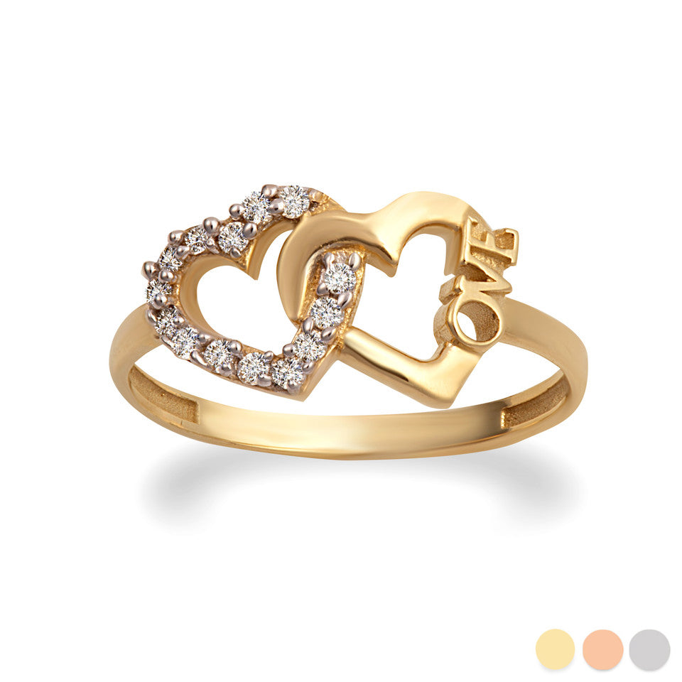 Gold Cubic Zirconia Interlocking Hearts Love Ring