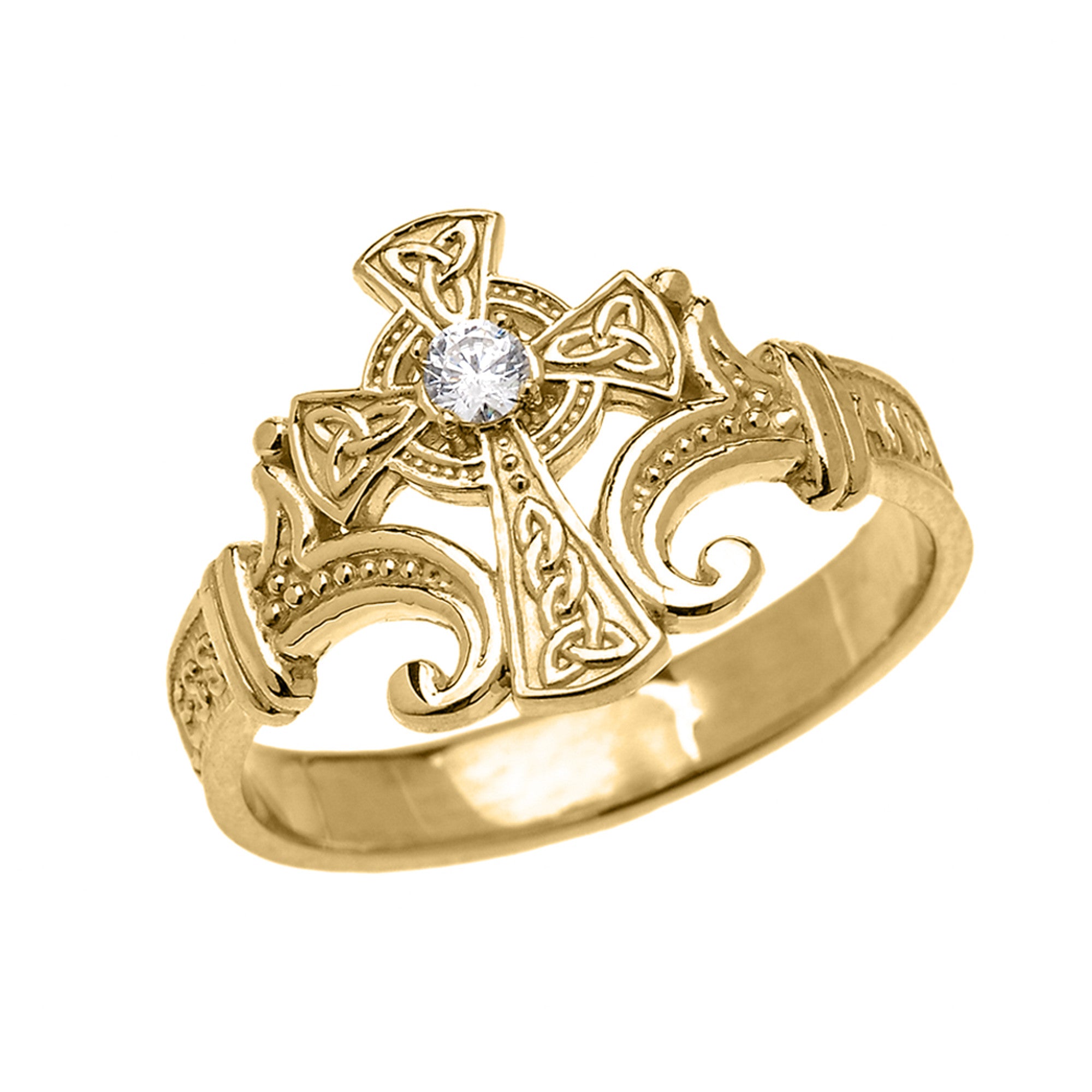 Gold Cubic Zirconia Irish Celtic Cross Trinity Knot Ring, view 6
