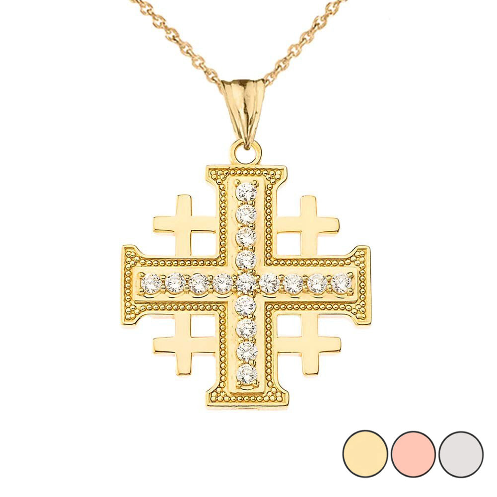 Gold Cubic Zirconia Jerusalem Cross Pendant Necklace