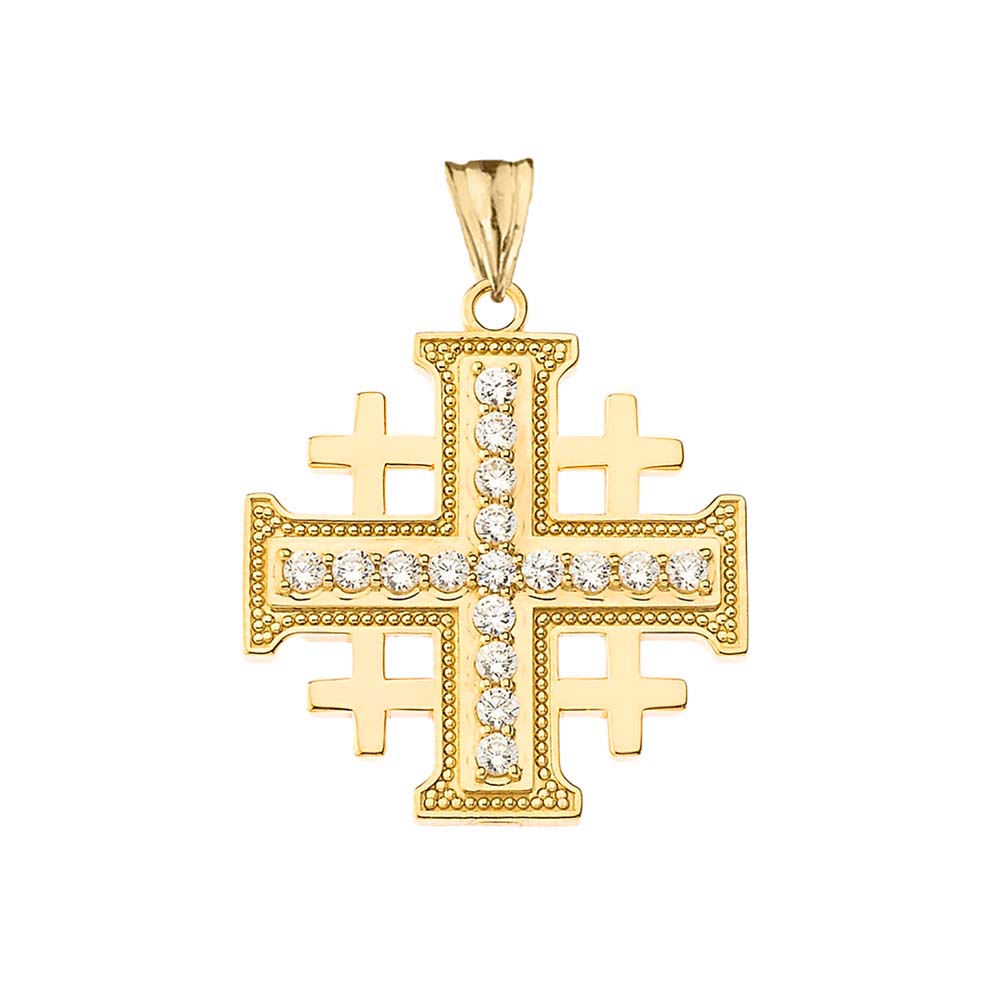 Gold Cubic Zirconia Jerusalem Cross Pendant Necklace, view 2