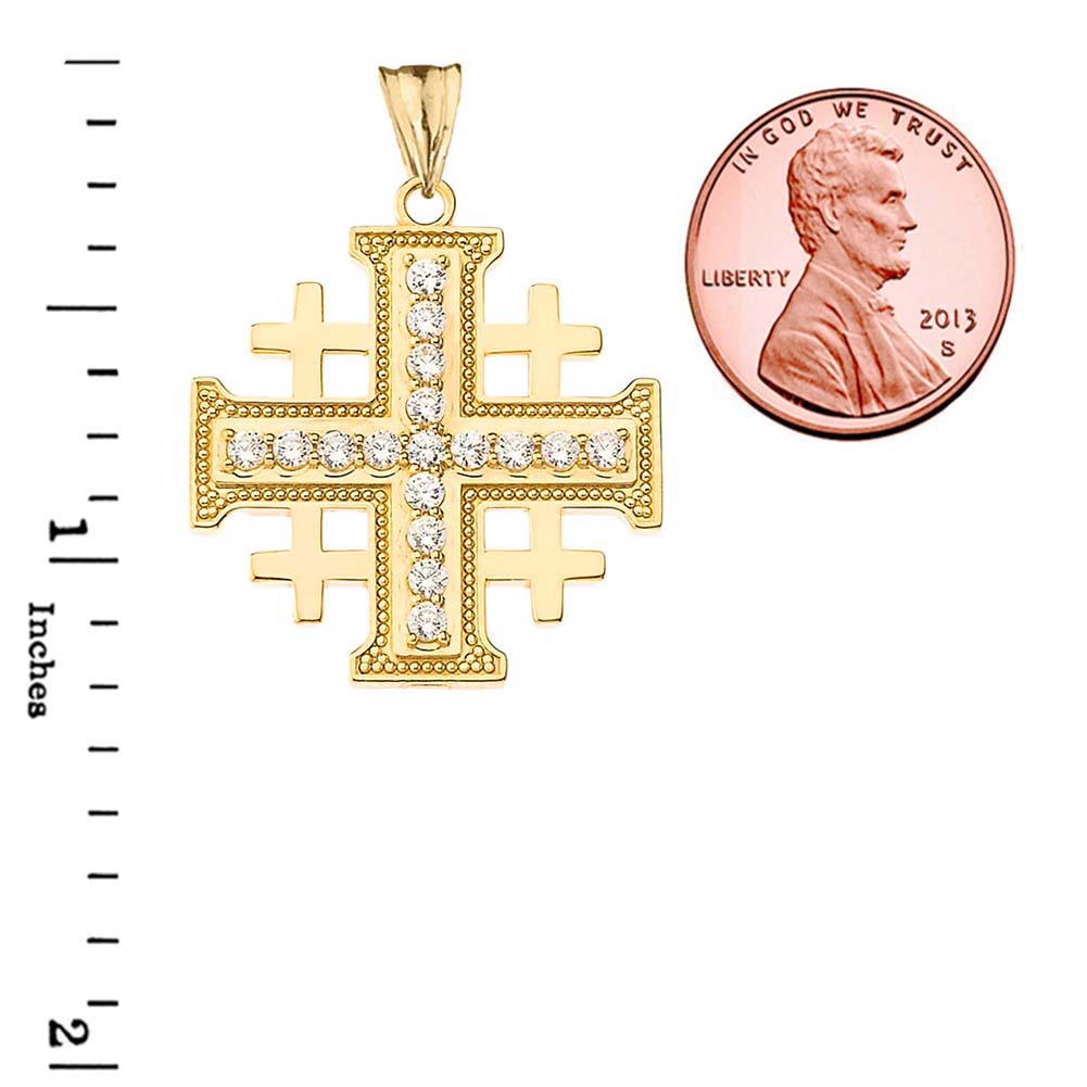 Gold Cubic Zirconia Jerusalem Cross Pendant Necklace, view 3