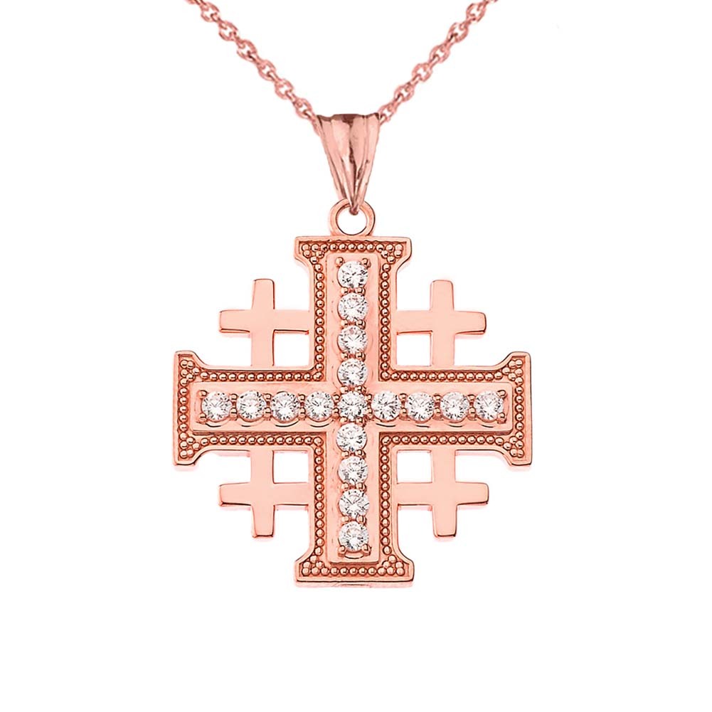 Gold Cubic Zirconia Jerusalem Cross Pendant Necklace, view 4