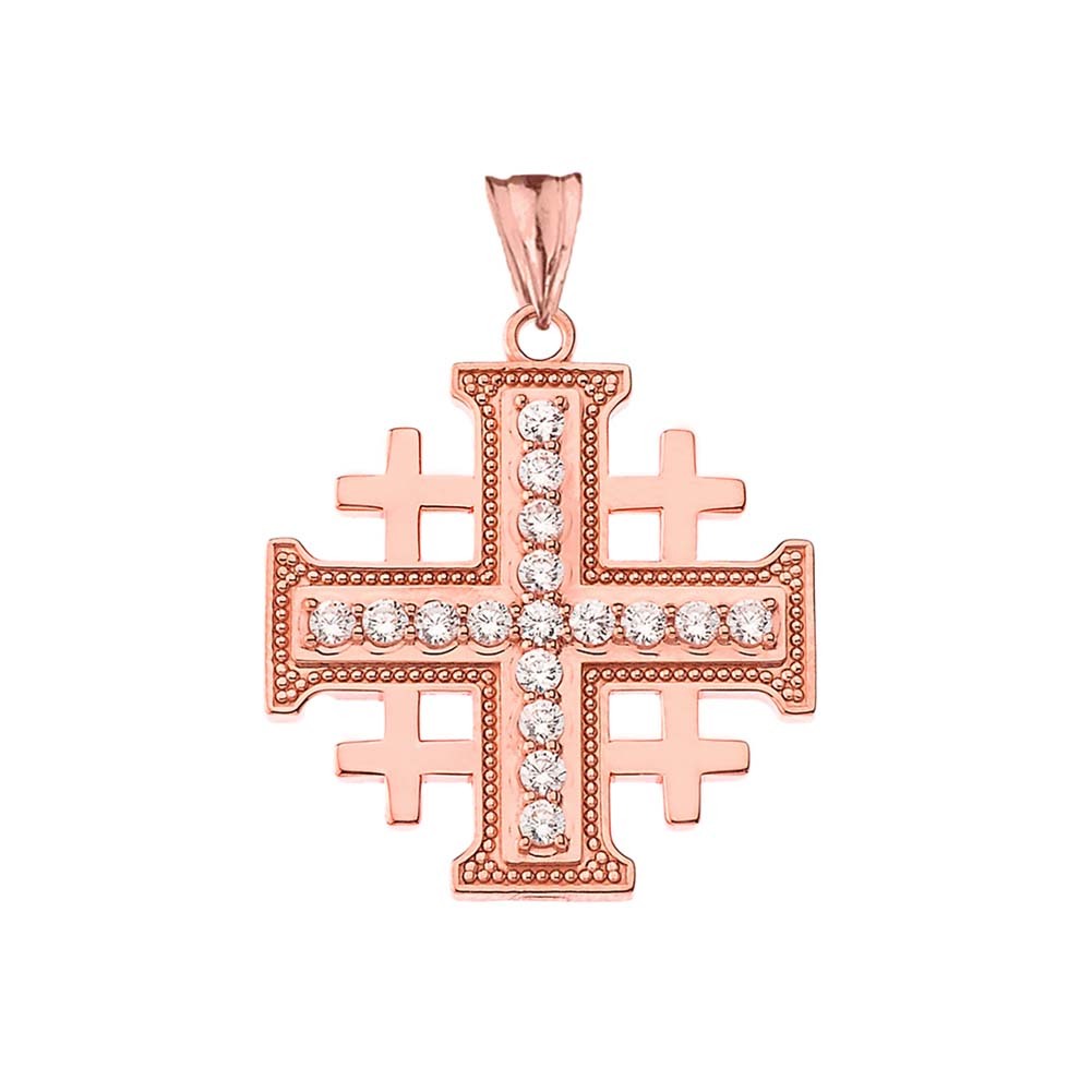Gold Cubic Zirconia Jerusalem Cross Pendant Necklace, view 5