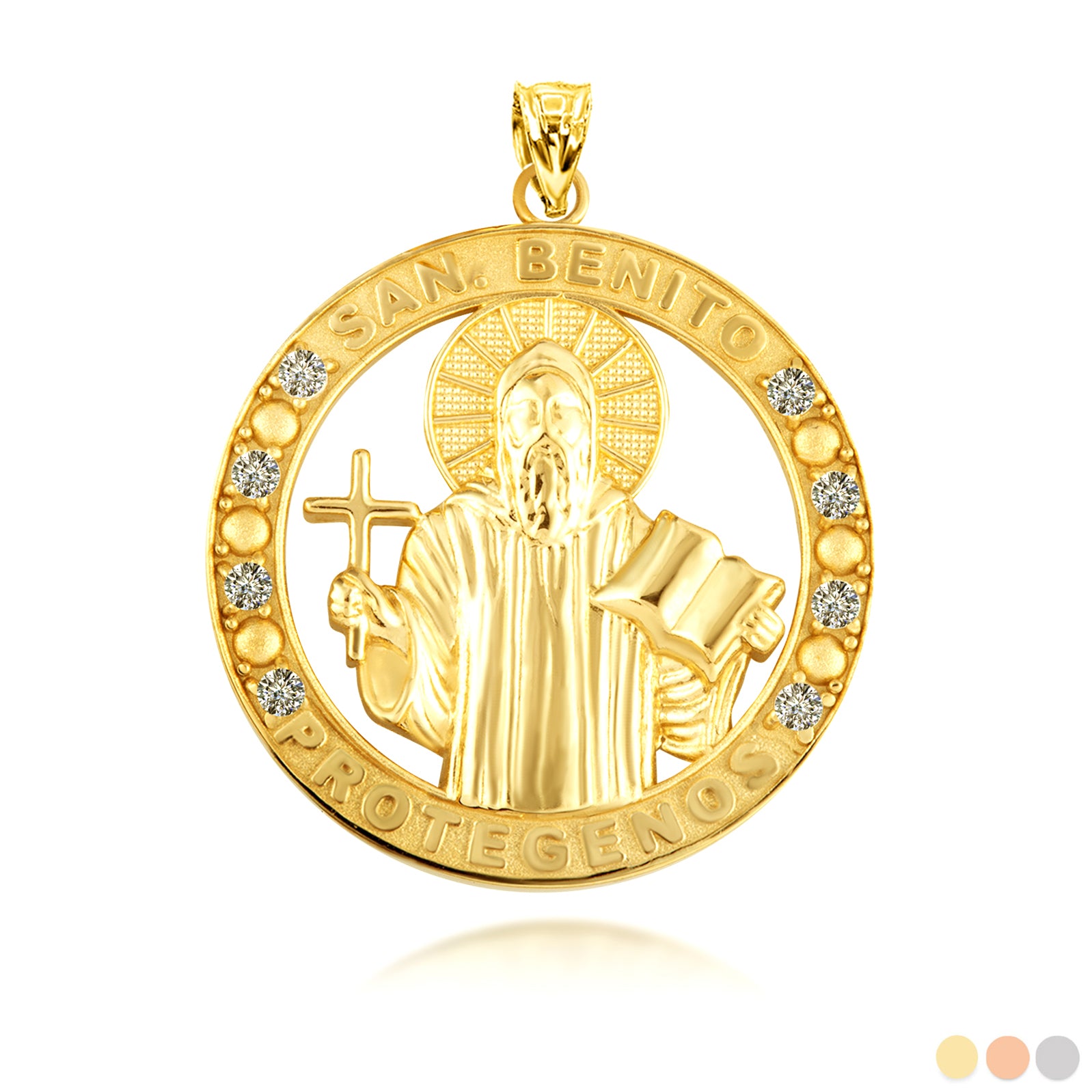 Gold Cubic Zirconia Patron Saint Benedict Medal Round Pendant Necklace