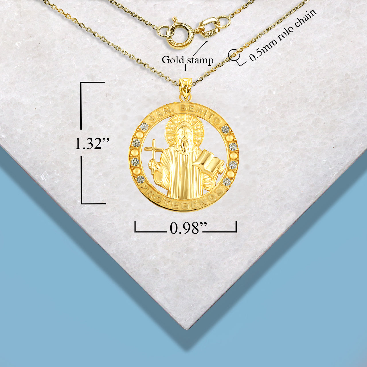 Gold Cubic Zirconia Patron Saint Benedict Medal Round Pendant Necklace, view 4