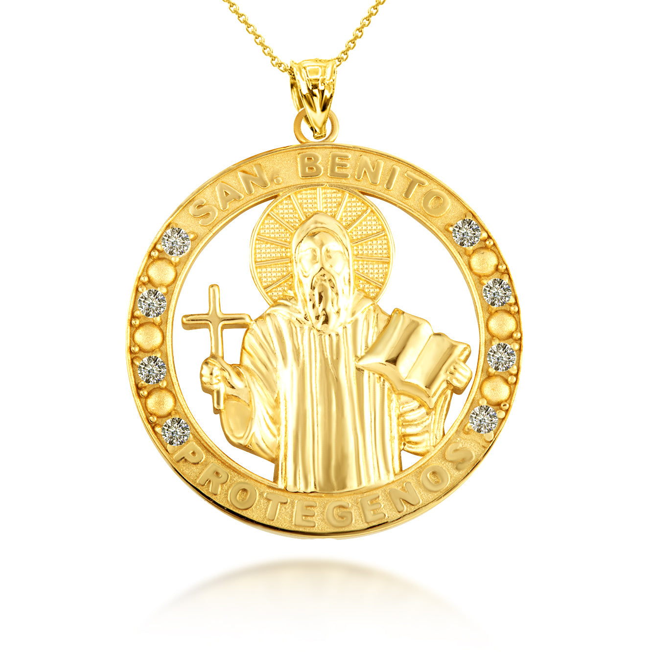 Gold Cubic Zirconia Patron Saint Benedict Medal Round Pendant Necklace, view 5