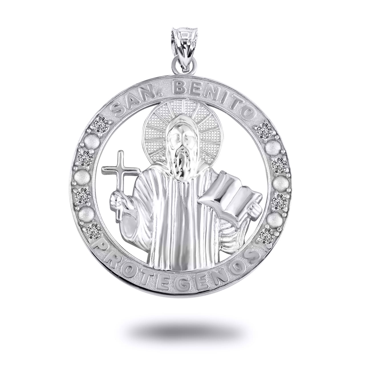 Gold Cubic Zirconia Patron Saint Benedict Medal Round Pendant Necklace, view 6