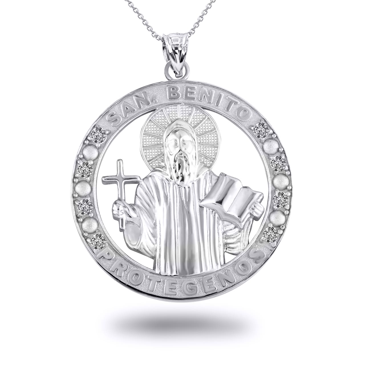 Gold Cubic Zirconia Patron Saint Benedict Medal Round Pendant Necklace, view 7