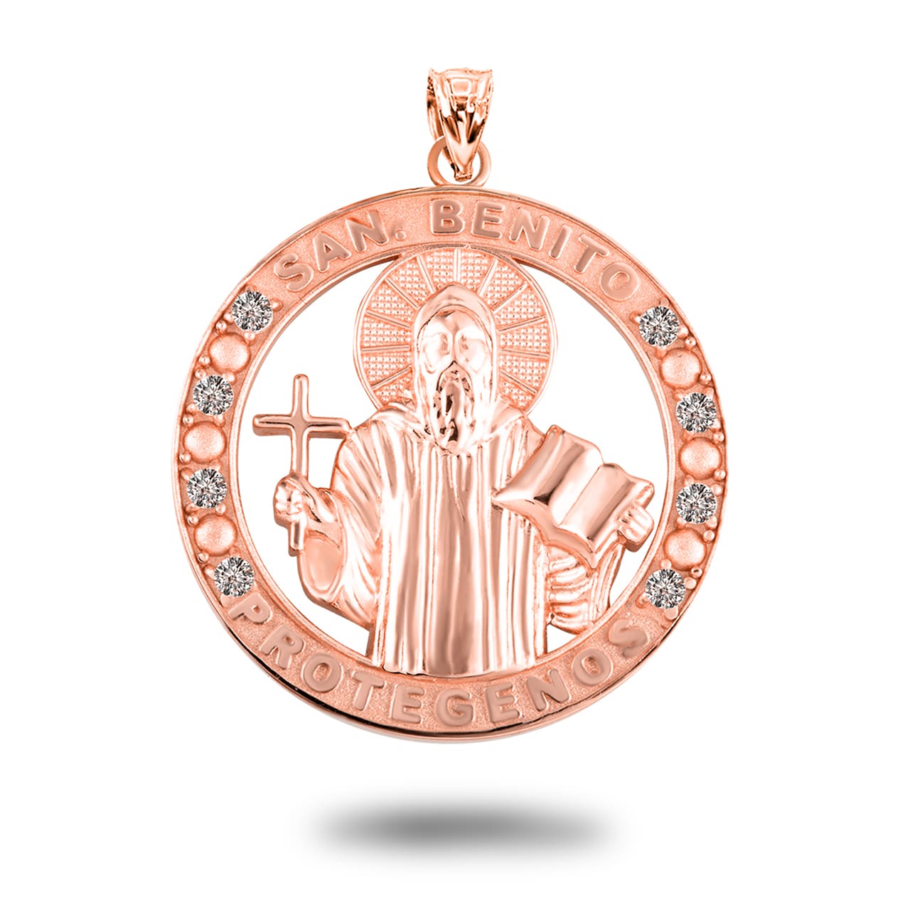 Gold Cubic Zirconia Patron Saint Benedict Medal Round Pendant Necklace, view 8