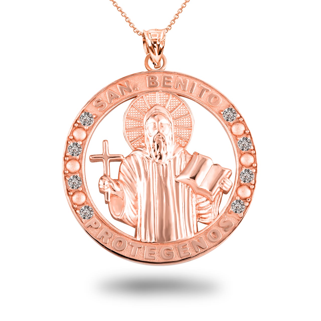 Gold Cubic Zirconia Patron Saint Benedict Medal Round Pendant Necklace, view 9