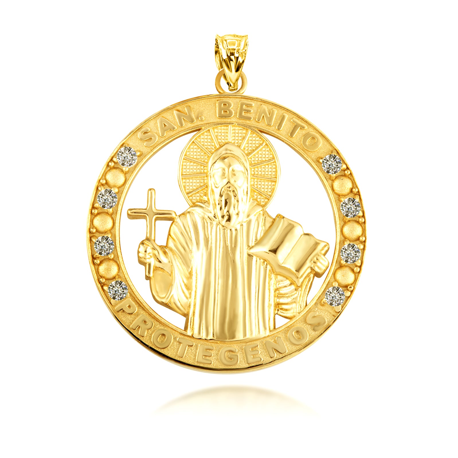 Gold Cubic Zirconia Patron Saint Benedict Medal Round Pendant Necklace, view 10