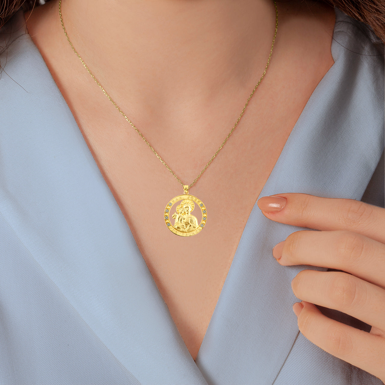 Gold Cubic Zirconia Patron Saint Joseph Baby Jesus Pendant Necklace, view 2