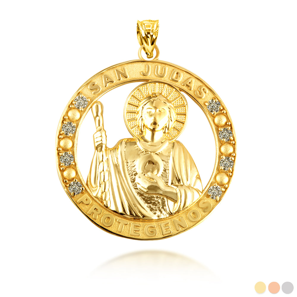 Gold Cubic Zirconia Patron Saint Jude Round Pendant Necklace