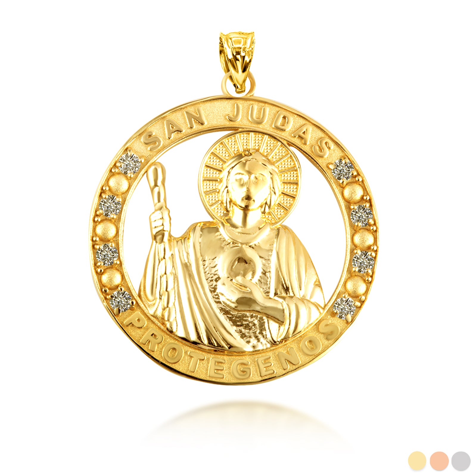 Gold Cubic Zirconia Patron Saint Jude Round Pendant Necklace