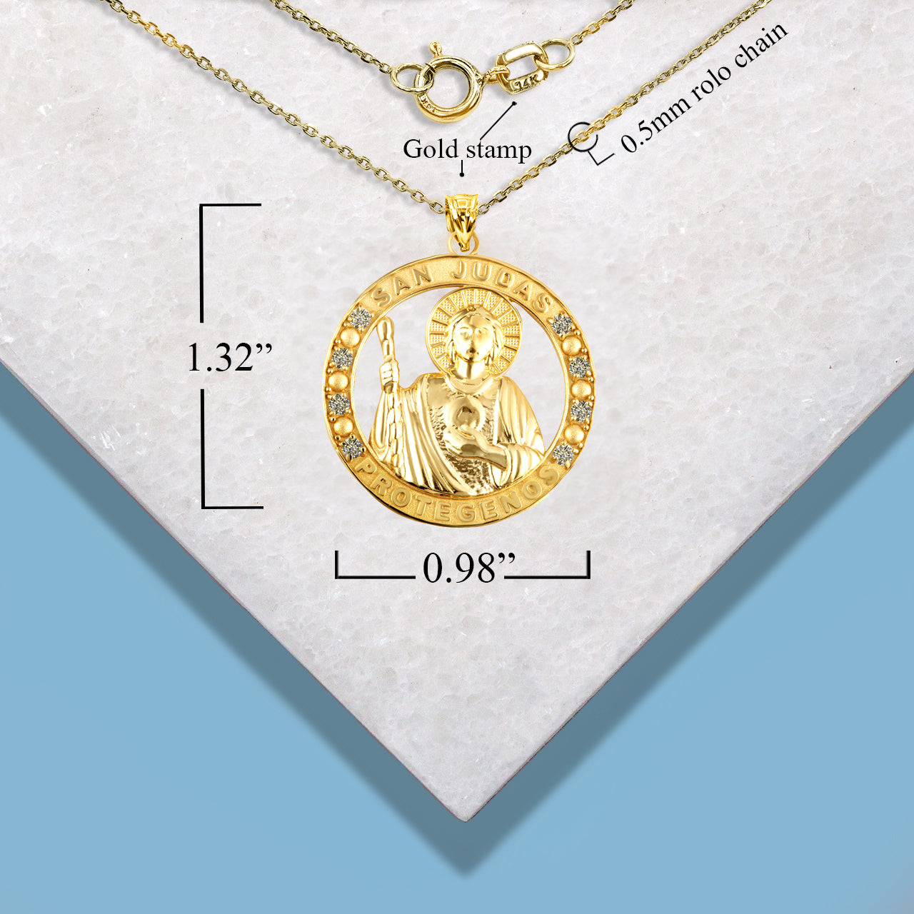 Gold Cubic Zirconia Patron Saint Jude Round Pendant Necklace, view 4