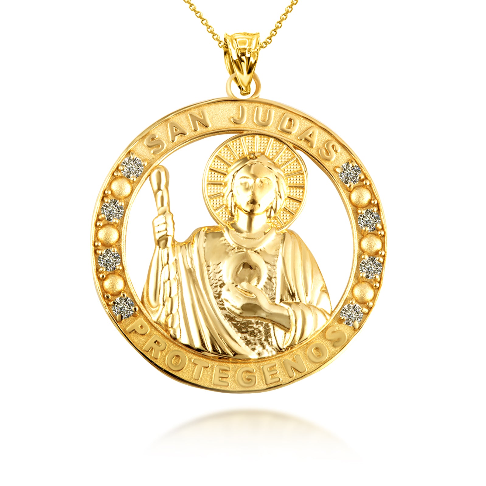Gold Cubic Zirconia Patron Saint Jude Round Pendant Necklace, view 5