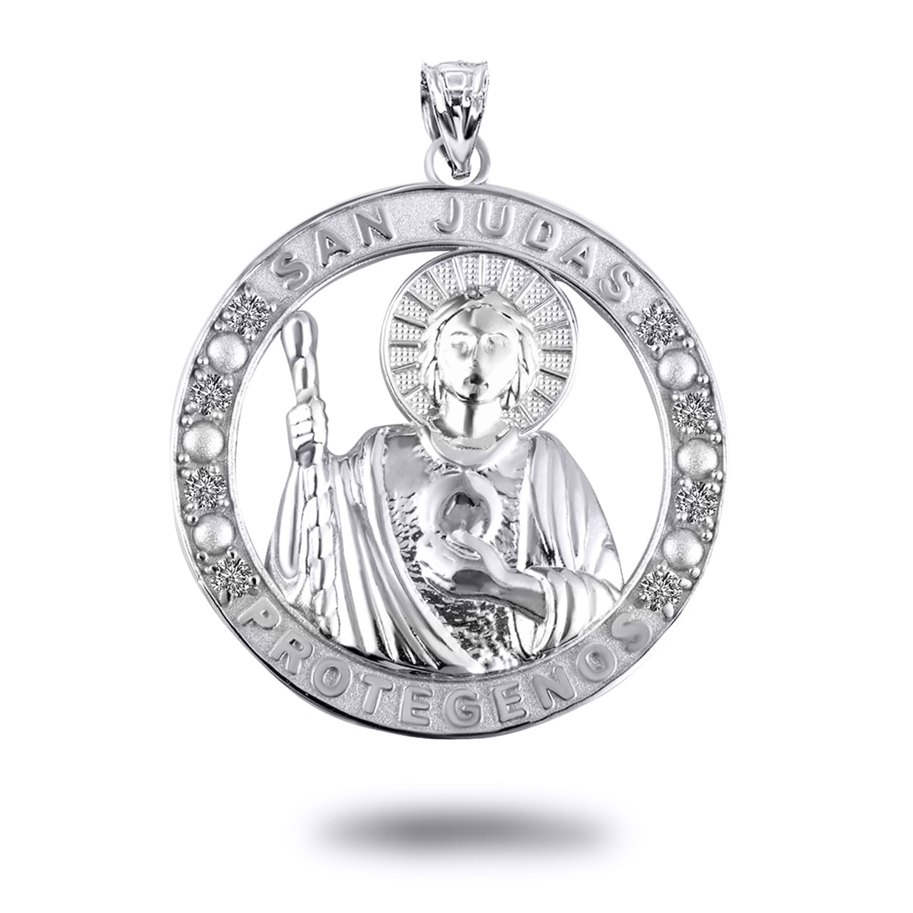 Gold Cubic Zirconia Patron Saint Jude Round Pendant Necklace, view 6