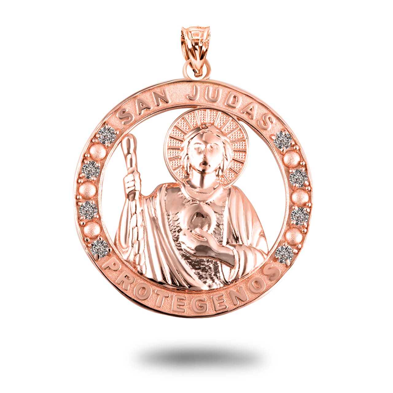 Gold Cubic Zirconia Patron Saint Jude Round Pendant Necklace, view 8
