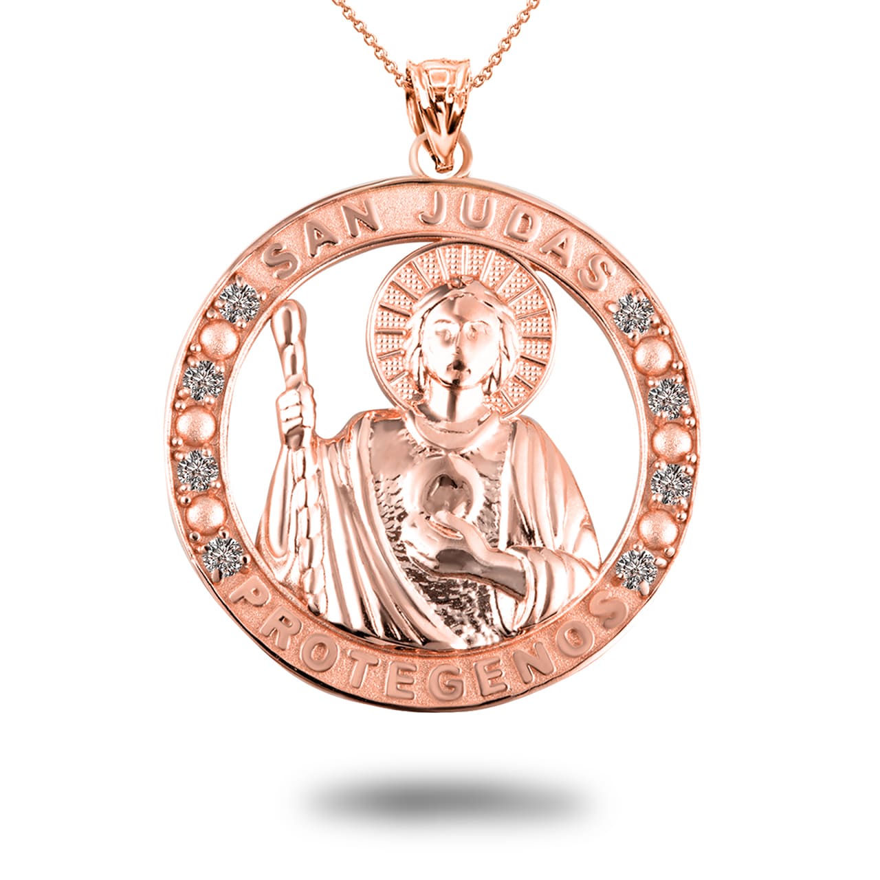 Gold Cubic Zirconia Patron Saint Jude Round Pendant Necklace, view 9
