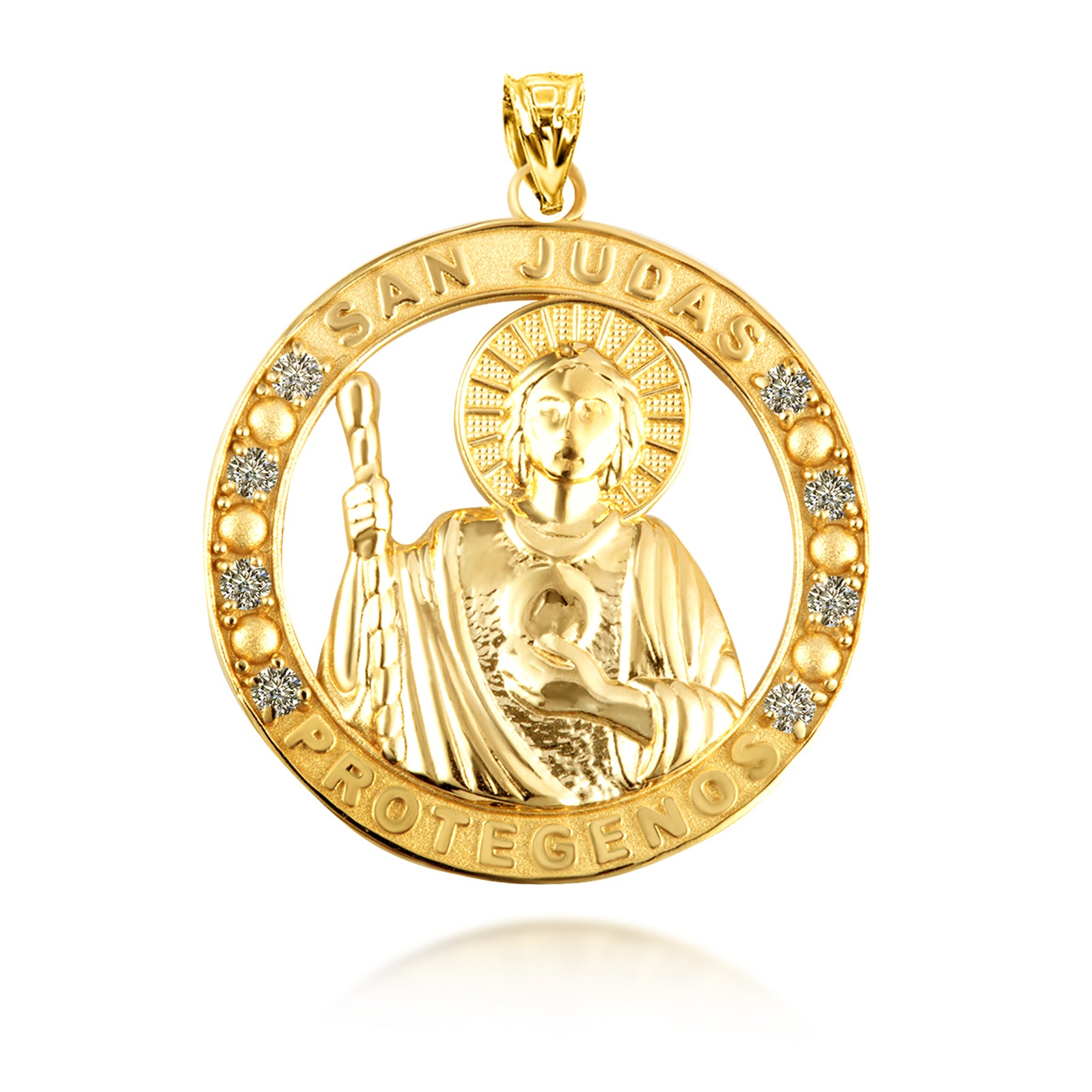 Gold Cubic Zirconia Patron Saint Jude Round Pendant Necklace, view 10
