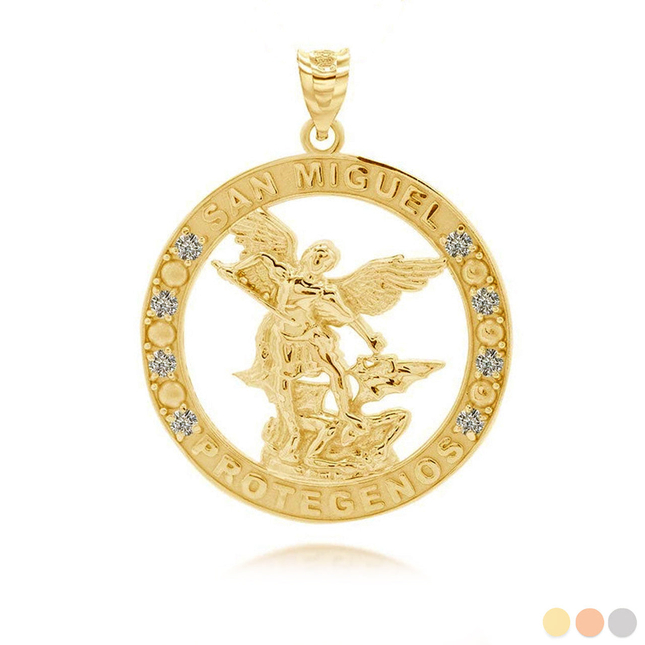 Gold Cubic Zirconia Patron Saint Michael Archangel Round Pendant Necklace