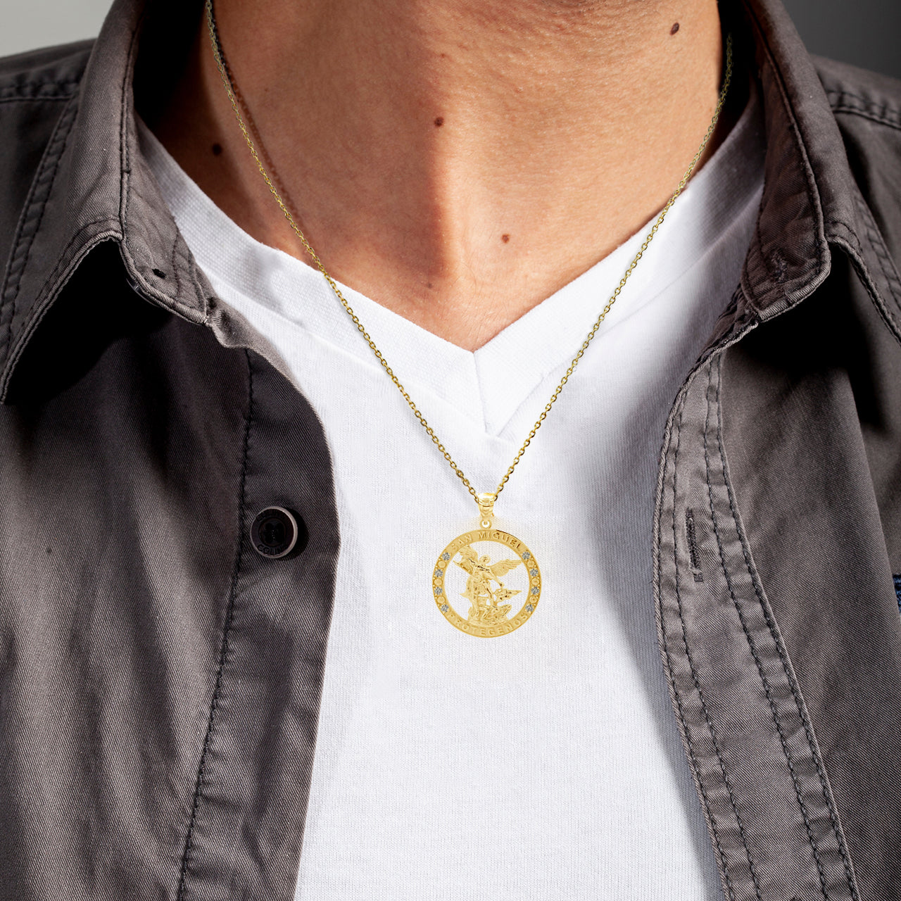 Gold Cubic Zirconia Patron Saint Michael Archangel Round Pendant Necklace, view 2