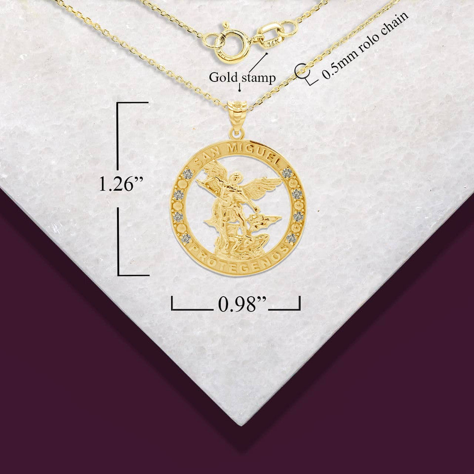 Gold Cubic Zirconia Patron Saint Michael Archangel Round Pendant Necklace, view 4